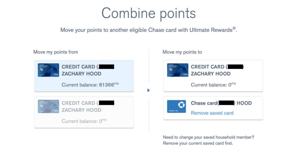 Screenshot of a webpage titled Combine Points related to Chase Ultimate Rewards. It displays options for moving points from two credit cards with balances to one Chase card, featuring a convenient saved card option within the program.