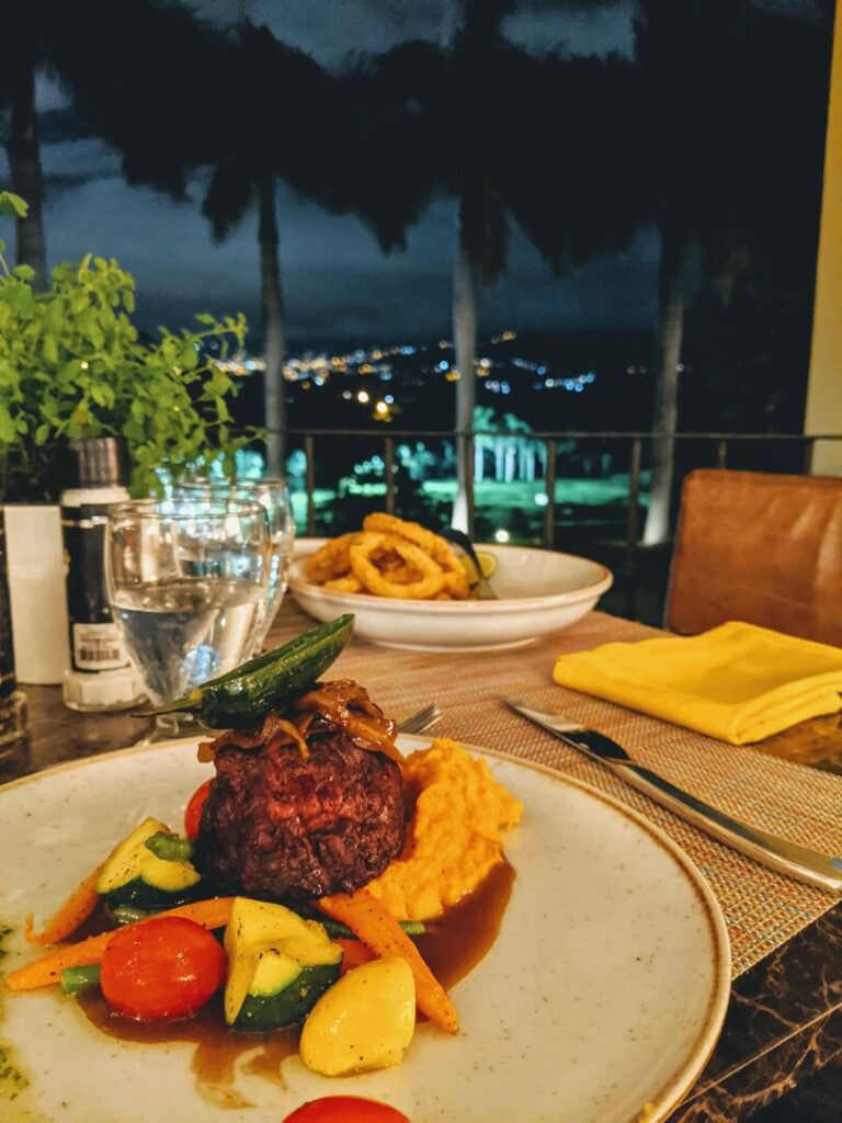 A gourmet dish featuring a steak topped with grilled vegetables and caramelized onions, served with mashed potatoes and assorted veggies, is set on a table. In the background, a night view of city lights and palm trees is visible.