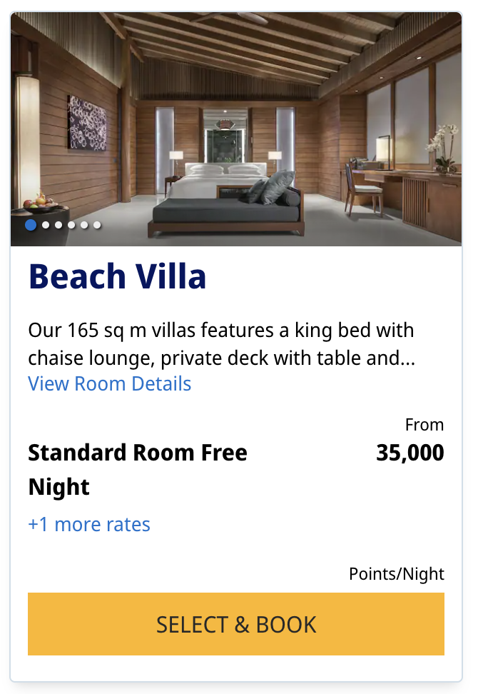 A modern beach villa bedroom with wooden interiors, a king bed, chaise lounge, large windows, and a private deck. The booking card details 35,000 points/night—remember, not all points are equal—and includes a Select & Book button.