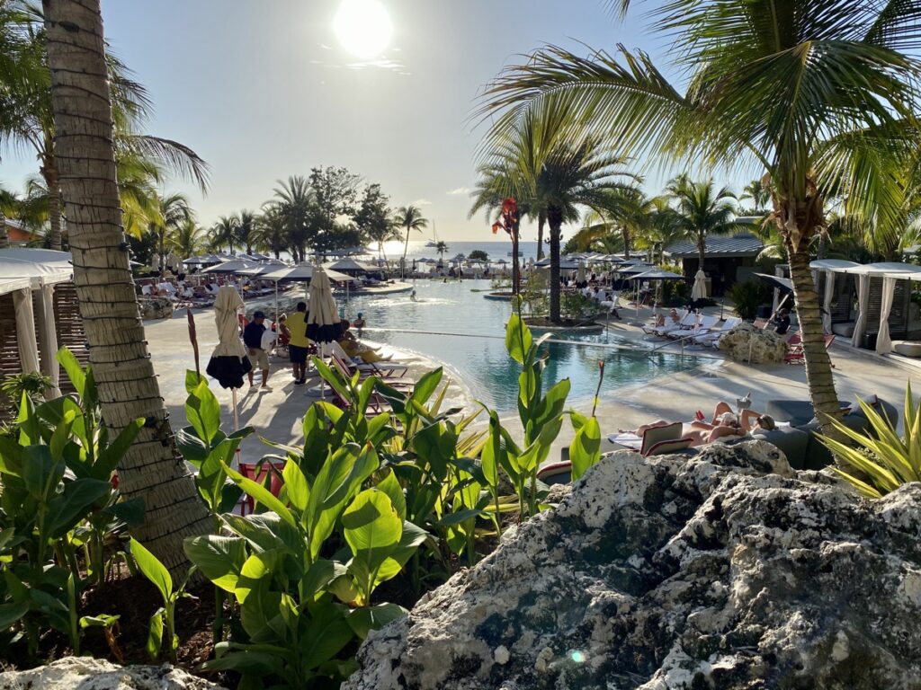 Tropical resort pool surrounded by palm trees and lounge chairs, with people relaxing in the sun. Sunlight reflects off the water, and lush greenery is in the foreground. The ocean is visible in the background.