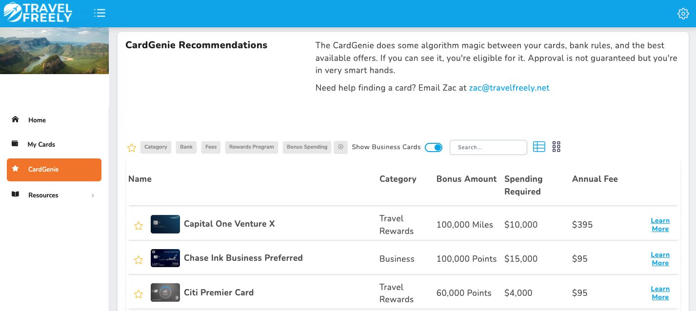 Travel Freely's CardGenie recommendations are based on your personal preferences and cards you already have.