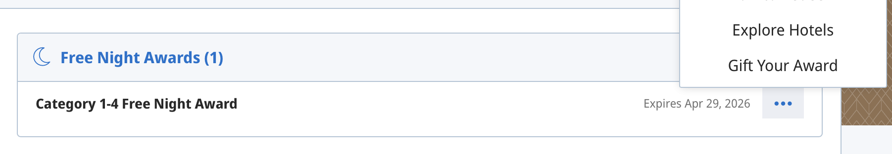 A webpage section displays a Free Night Award under Category 1-4, with an expiration date of April 29, 2026. A dropdown menu to the right offers Explore Hotels and Gift Your Award options.