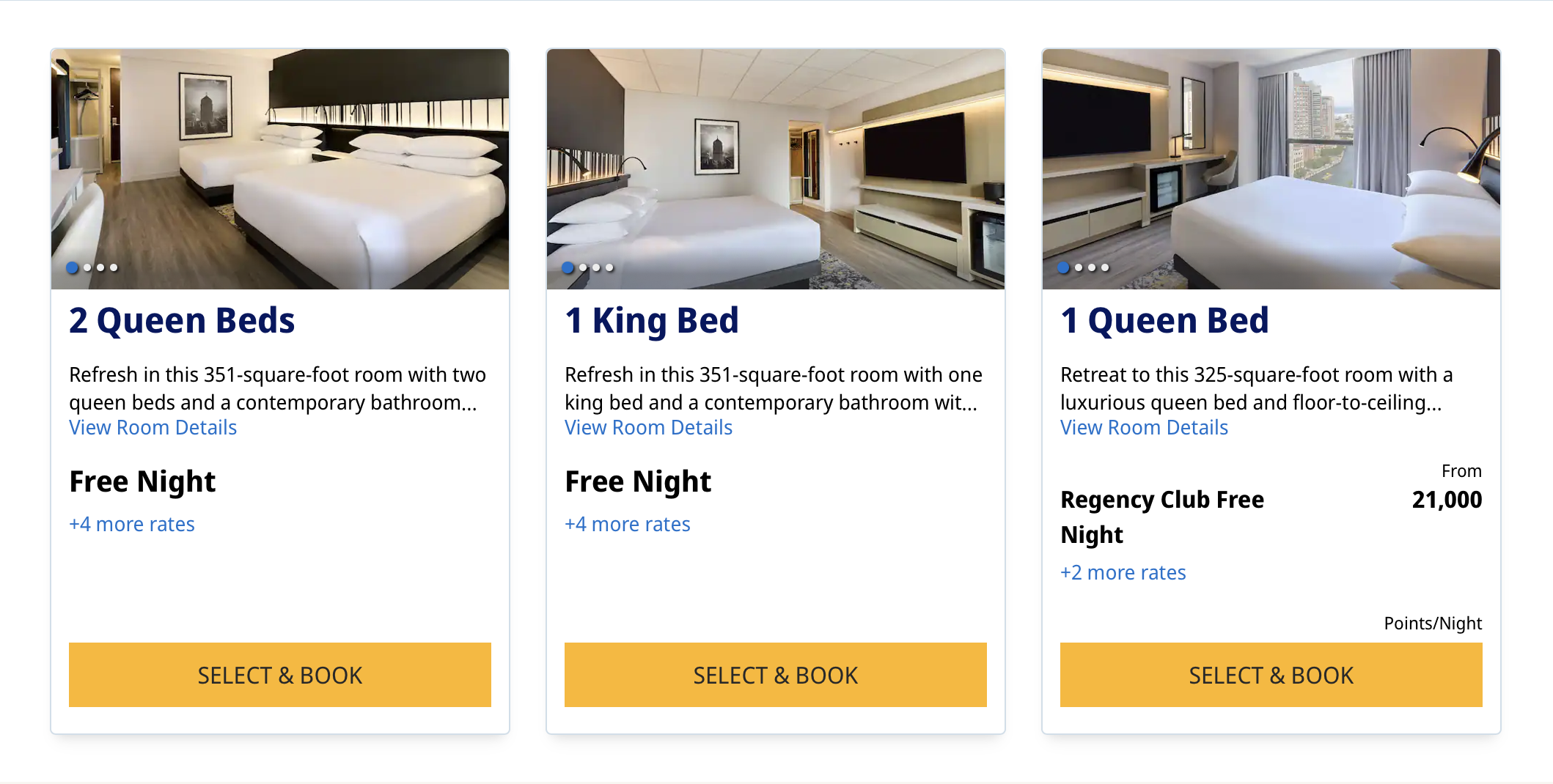 Three hotel room options are displayed: 2 Queen Beds, 1 King Bed, and 1 Queen Bed, each with modern decor, room details, free night offers, and a yellow Select & Book button at the bottom of each card.