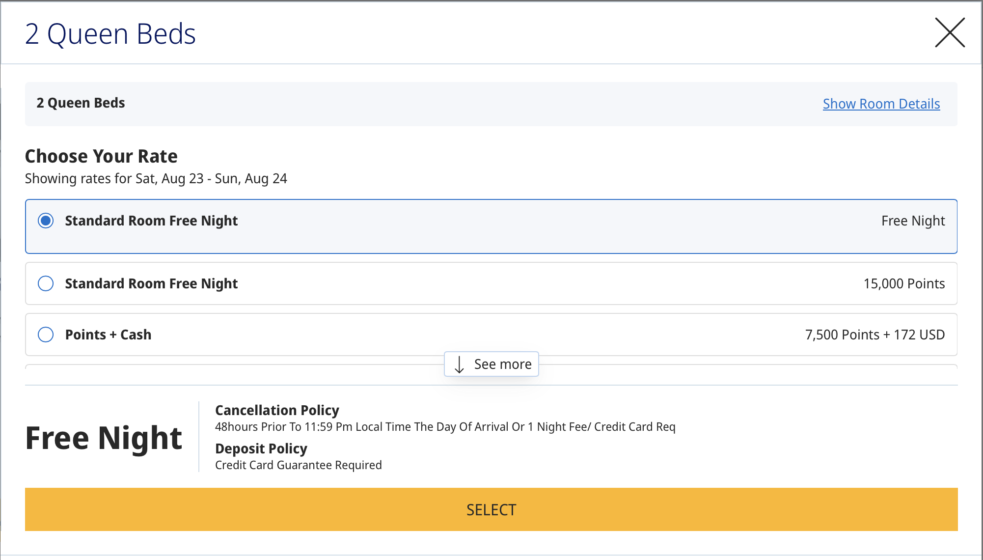 Hotel booking screen for a room with 2 queen beds. Options include “Standard Room Free Night” for points, “Points + Cash,” and free night info. A yellow “SELECT” button is at the bottom.