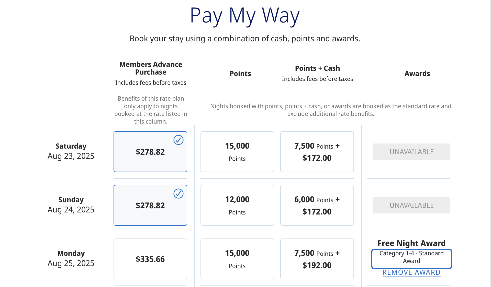 A hotel booking page showing options to pay with points, cash, or a combination for August 23-25, 2025. Prices, points needed, and a selected Free Night Award for August 24 are displayed. Some days are marked unavailable.