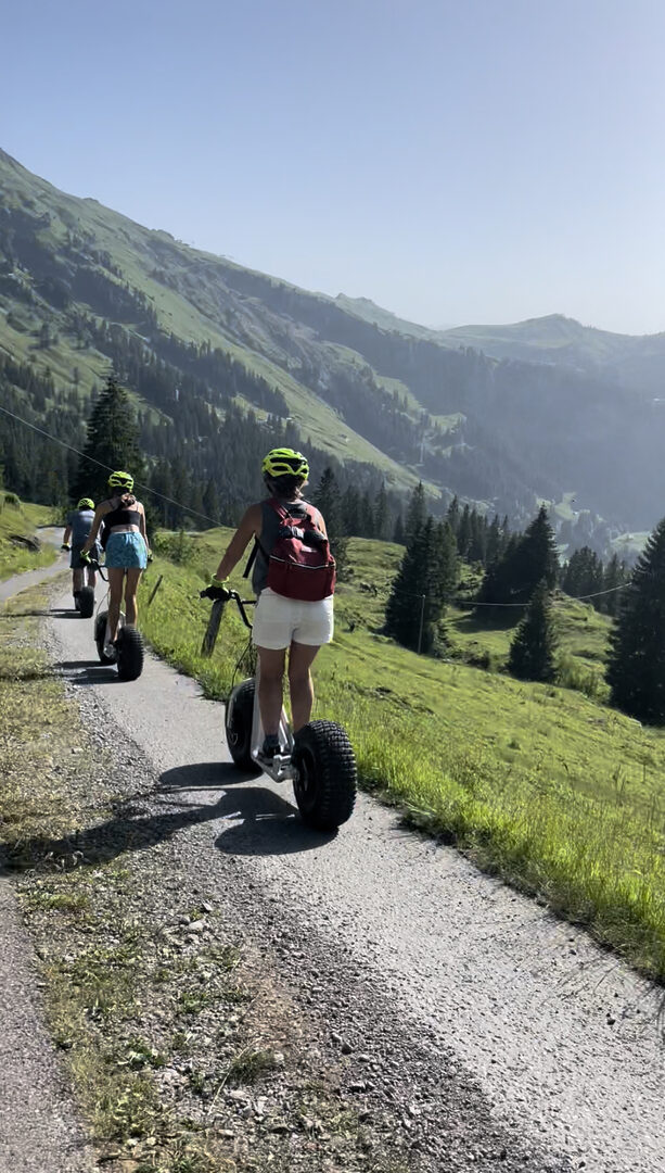 soaring down a mountain in the Swiss Alps on a scooter