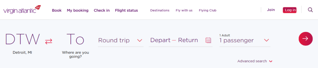 Virgin Atlantic flight booking page showing departure from Detroit (DTW), options for round trip or one way, departure and return dates, and selection for 1 adult passenger. Menu options and login button are at the top.