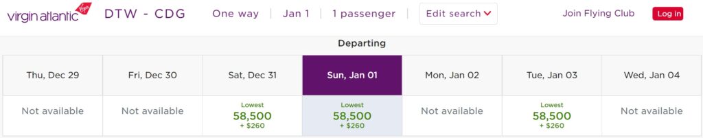 Virgin Atlantic flight search results from Detroit (DTW) to Paris (CDG) show only Jan 1, 2, and 3 available for 58,500 miles plus $260; other dates are marked Not available.