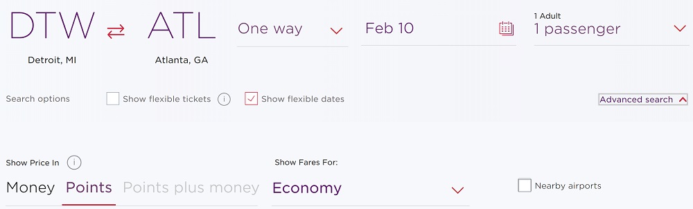 Flight search interface showing a one-way trip from Detroit (DTW) to Atlanta (ATL) on February 10 for one adult passenger. Options for fare type, flexible tickets, and advanced search are visible.