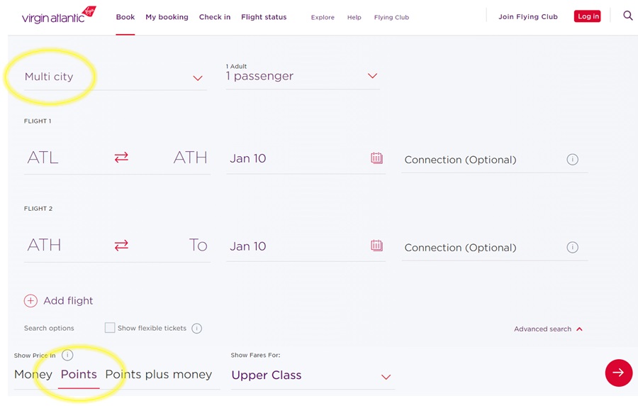 Screenshot of Virgin Atlantics flight booking page showing options for multi-city travel, selecting passenger number, adding flights, and choosing to pay with money, points, or both. Key features are circled in yellow.