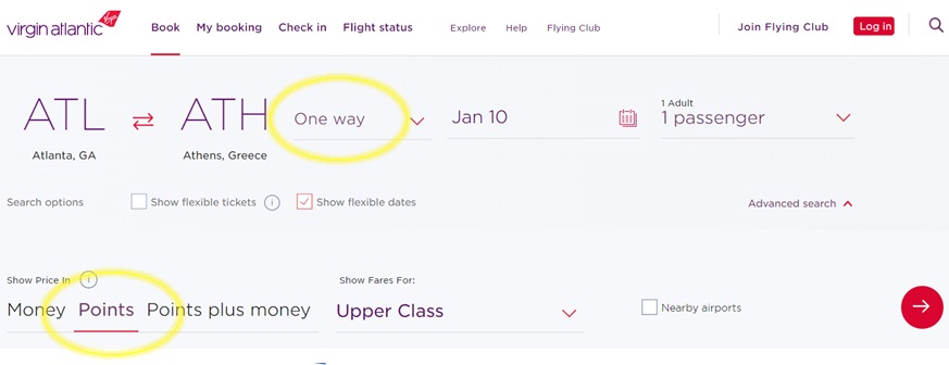 Virgin Atlantic booking page showing a search from Atlanta (ATL) to Athens (ATH) for one adult, one way, on January 10. Points and Points plus money fares are highlighted with yellow circles.
