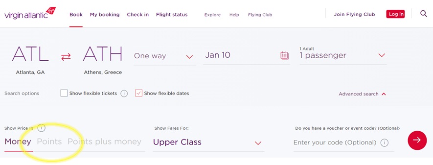 Screenshot of the Virgin Atlantic flight booking page showing a search from Atlanta (ATL) to Athens (ATH) for one adult. Points is circled under the Show Price options.