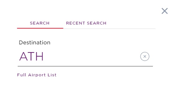 A flight booking interface showing the Search tab selected. The destination is set to ATH with an option to clear it, and a link to the Full Airport List is below.