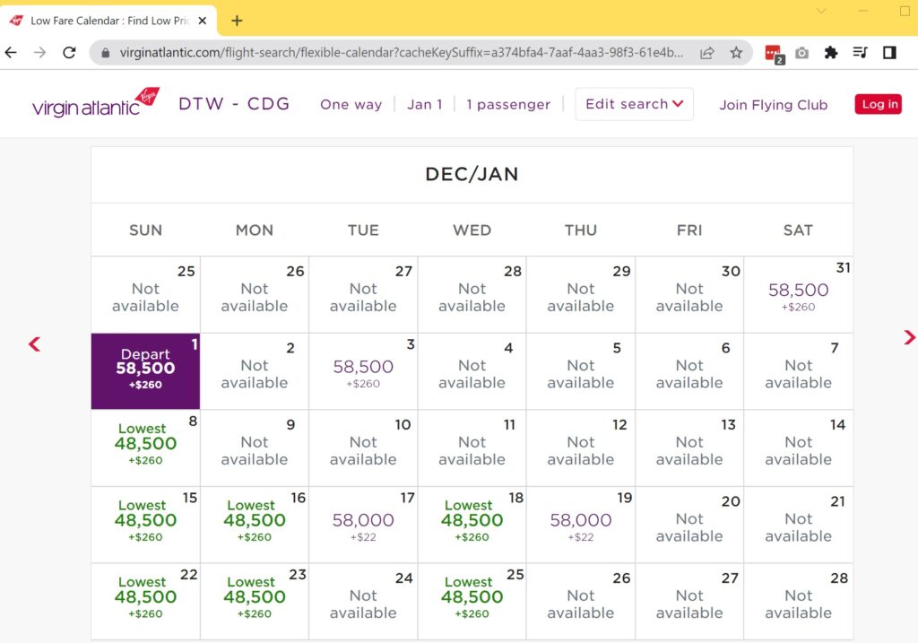 Screenshot of a Virgin Atlantic flight fare calendar for DTW to CDG in December/January. Dates show flight availability and prices, with lowest fares in green ($485) and highest in pink ($585). Some dates are marked Not available.