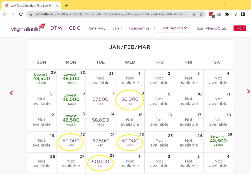 A Virgin Atlantic low fare calendar shows award flight prices from Detroit to Paris for Jan/Feb/Mar. Some dates have prices like 48,500 or 50,000 miles, with several 50,000 mile dates circled in yellow.