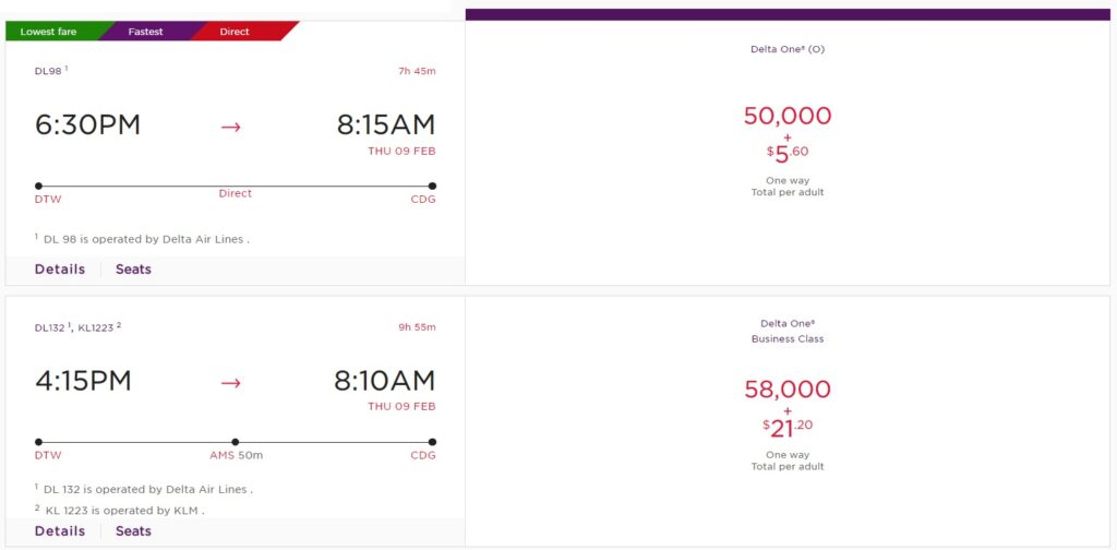 Flight booking options showing two itineraries: one nonstop from Detroit to Paris, departing 6:30 PM, arriving 8:15 AM, 50,000 miles plus $5.60; one with a connection, 95,000 miles plus $21.20.
