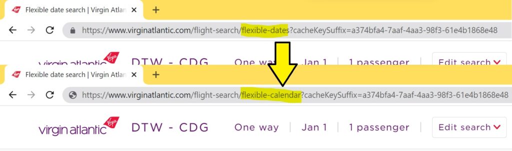Screenshot showing two browser tabs: the first tabs URL ends with flexible-dates and the second with flexible-calendar. Both show a Virgin Atlantic flight search from DTW to CDG. A yellow arrow points from the first to the second.