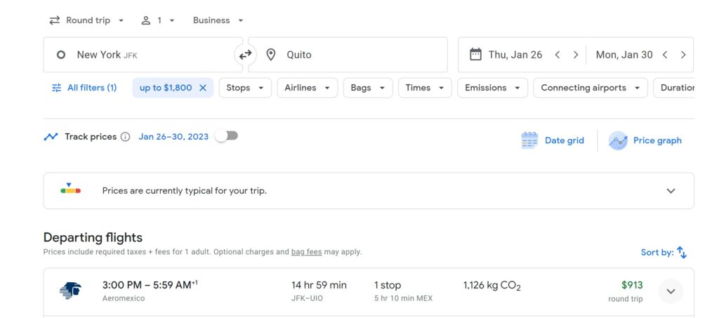 Screenshot of a Google Flights search showing a round-trip business class flight from New York (JFK) to Quito, departing January 26 and returning January 30, 2023. Aeromexico is listed at $913 with one stop in Mexico City.