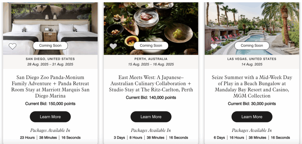 Three luxury travel package listings: San Diego family adventure with zoo visit and Marriott stay, Perth culinary retreat at Ritz-Carlton, and Las Vegas pool day at Mandalay Bay; each shows a photo, dates, minimum bid, and a countdown timer.