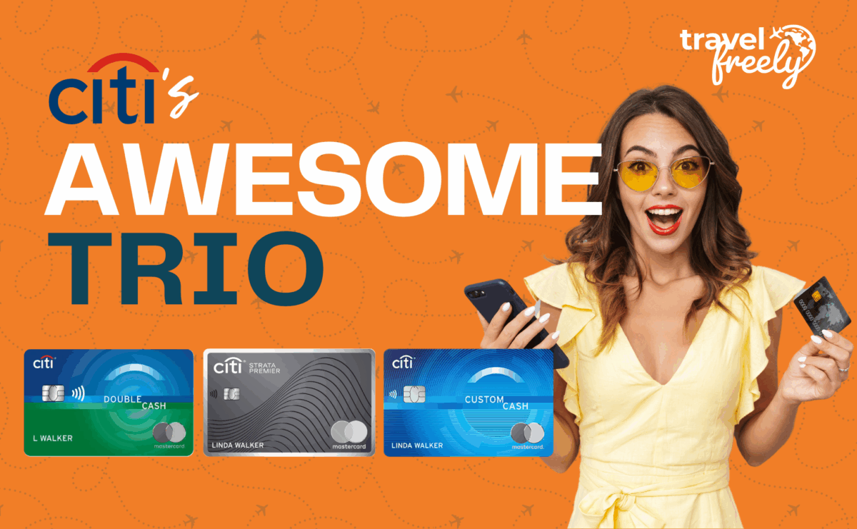 A smiling woman in yellow sunglasses holds a phone and a credit card. Text reads Citis Awesome Trio. Three Citi credit cards—Double Cash, Premier, and Custom Cash—are displayed below. Background is orange with travel icons.
