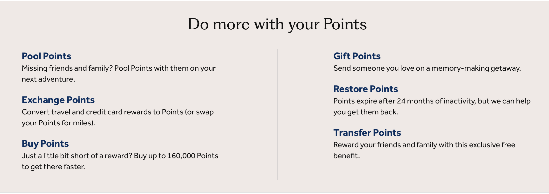 Image with the heading Do more with your Points and six options: Pool Points, Exchange Points, Buy Points, Gift Points, Restore Points, and Transfer Points, each with a brief description of the service offered.