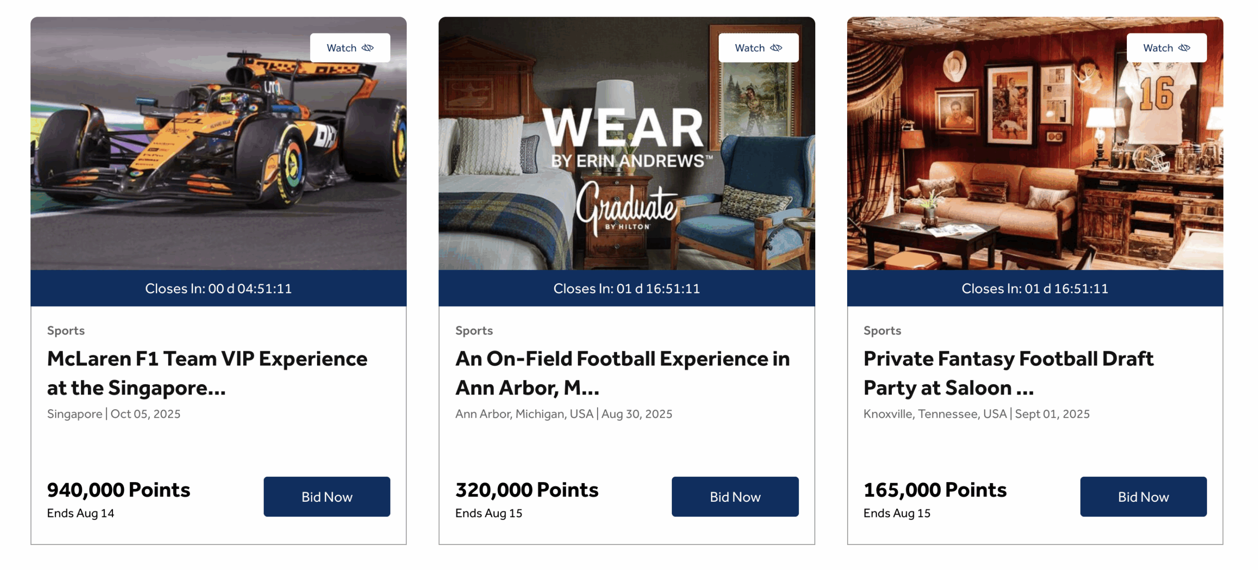 Three sports auction listings: a McLaren F1 race car, an on-field football experience at a hotel, and a football draft party in a vintage-themed room, each with points required to bid and countdown timers.