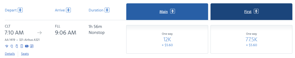 Screenshot of a flight booking page showing a nonstop flight from CLT to FLL, departing at 7:10 AM and arriving at 9:06 AM. Main cabin costs 12K miles + $5.60; first class is 77.5K miles + $5.60.
