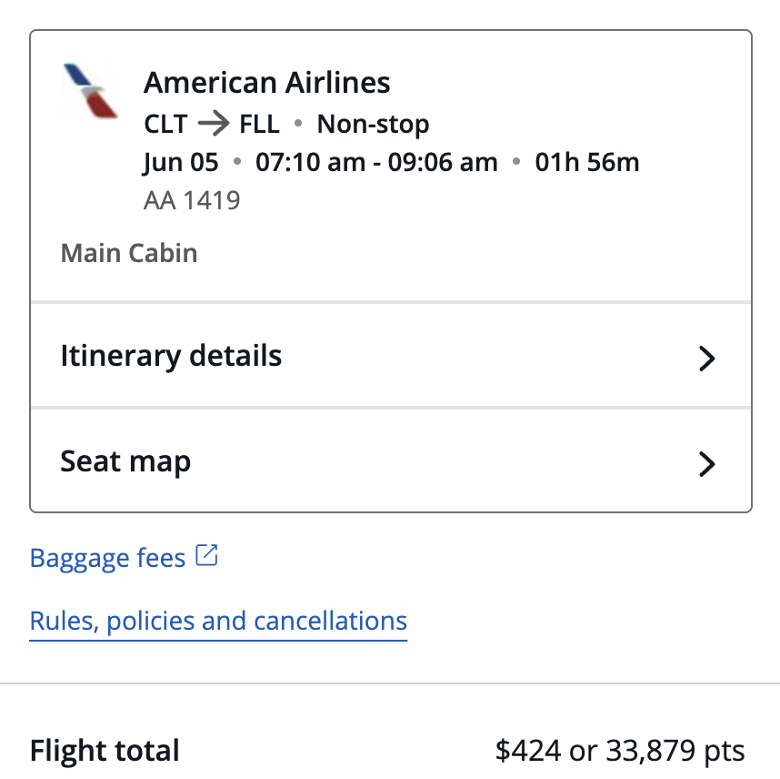 American Airlines flight from CLT to FLL, non-stop, June 5, 7:10 am to 9:06 am, main cabin. Flight duration 1 hour 56 minutes. Total price: $424 or 33,879 points. Options for itinerary details and seat map are shown.