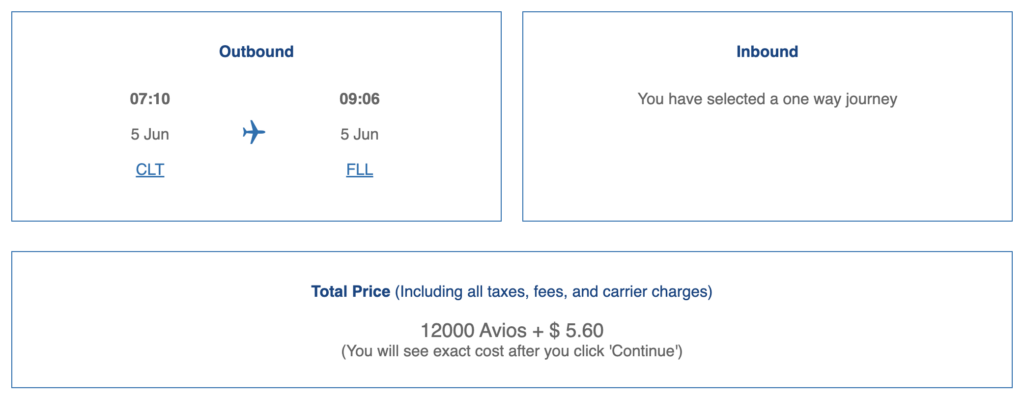 Flight booking summary: Outbound flight from CLT to FLL departs at 07:10 and arrives at 09:06 on June 5. One-way journey selected. Total price is 12,000 Avios plus $5.60 in taxes and fees.