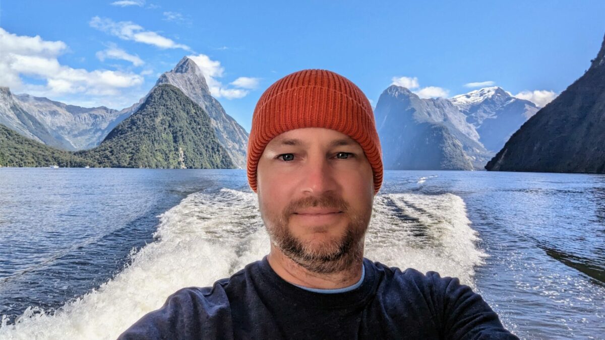 Zac on the water in Milford Sound NZ