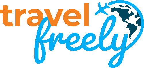 Logo with the words travel freely in orange and blue. Travel is in bold orange font, and freely is in a cursive blue font. A stylized globe with a small airplane silhouette arcs above the text.