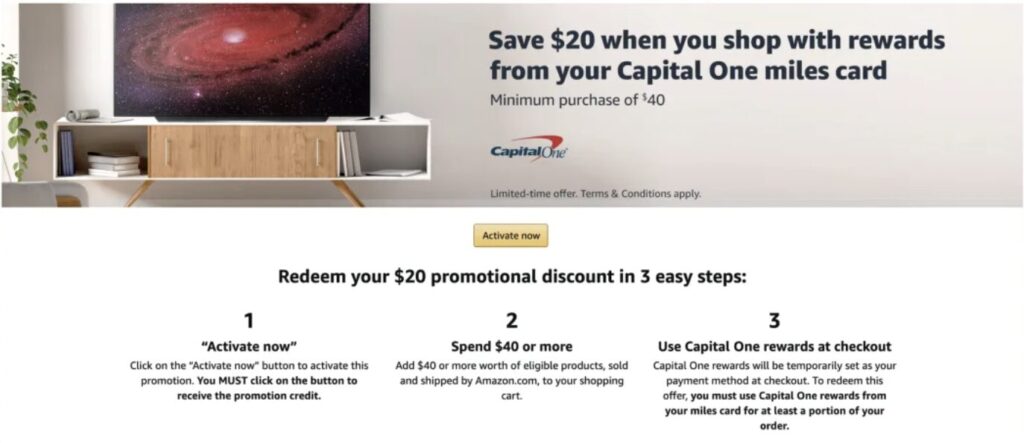 Screenshot of a Capital One offer: “Save $20 when you shop with rewards from your Capital One miles card” with instructions on how to redeem a $20 discount on Amazon using Capital One rewards.