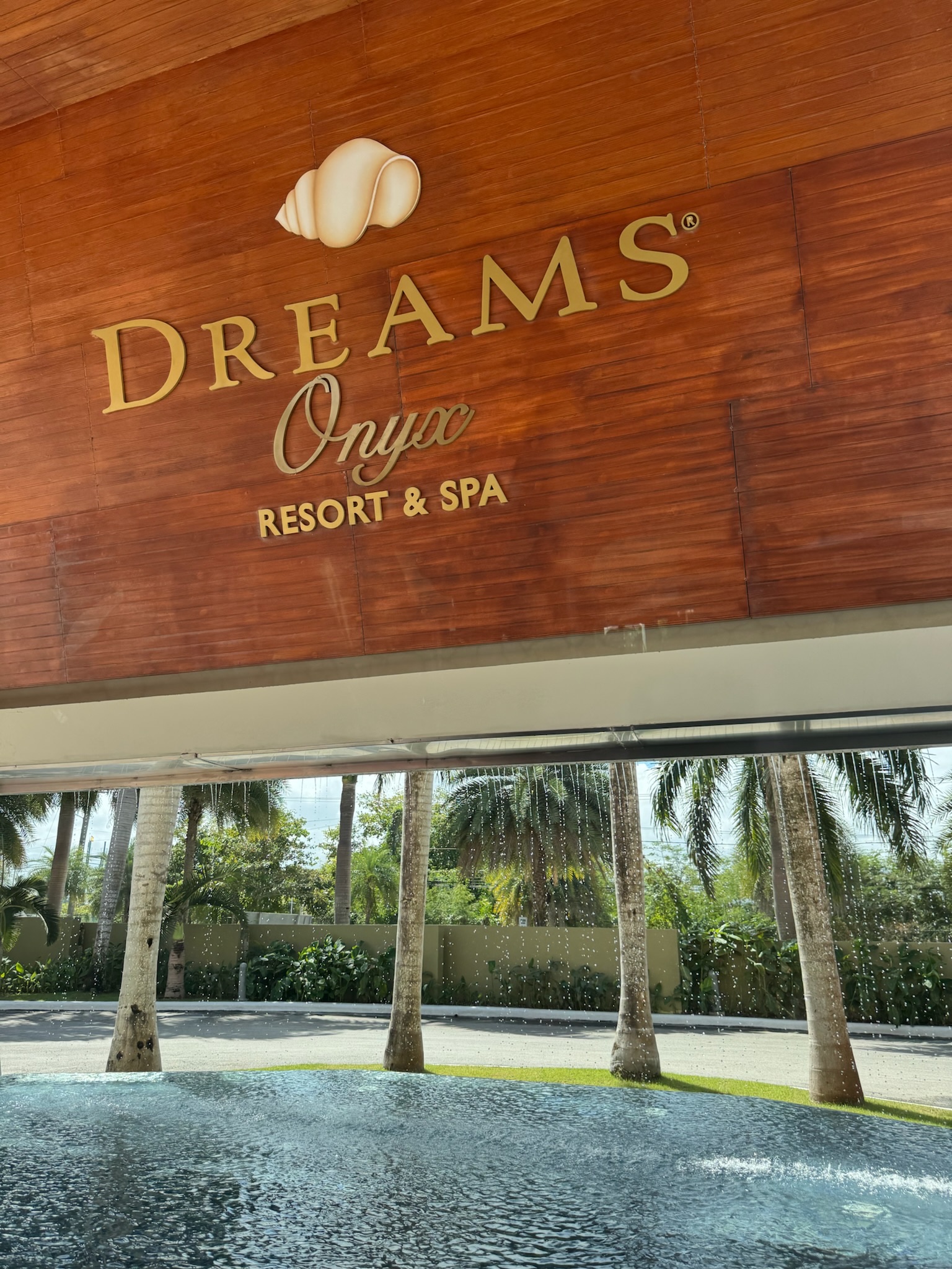 A wooden sign with the logo and text Dreams Onyx Resort & Spa hangs above a reflective pool, with palm trees and greenery visible in the background.
