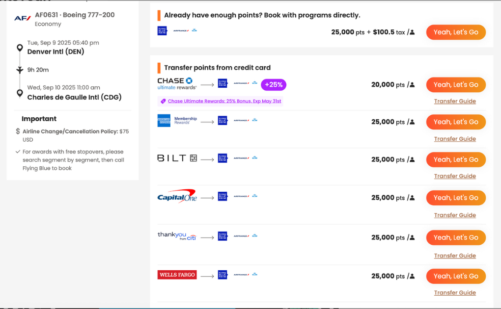 Screenshot showing flight booking options to transfer points from various credit cards like Chase, Bilt, Capital One, Citi, Wells Fargo, with required points and transfer guides for an Air France flight from Denver to Paris.