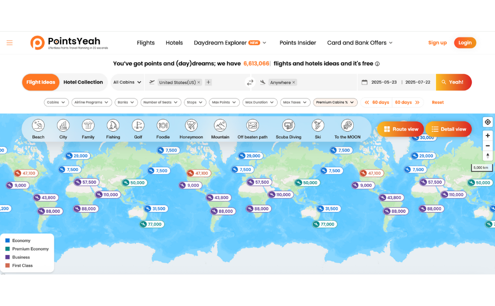A world map on PointsYeah shows flight reward options with color-coded price tags for economy to first class. Icons above suggest trip types like beach, family, golf, and scuba diving. Filters and search options are at the top.
