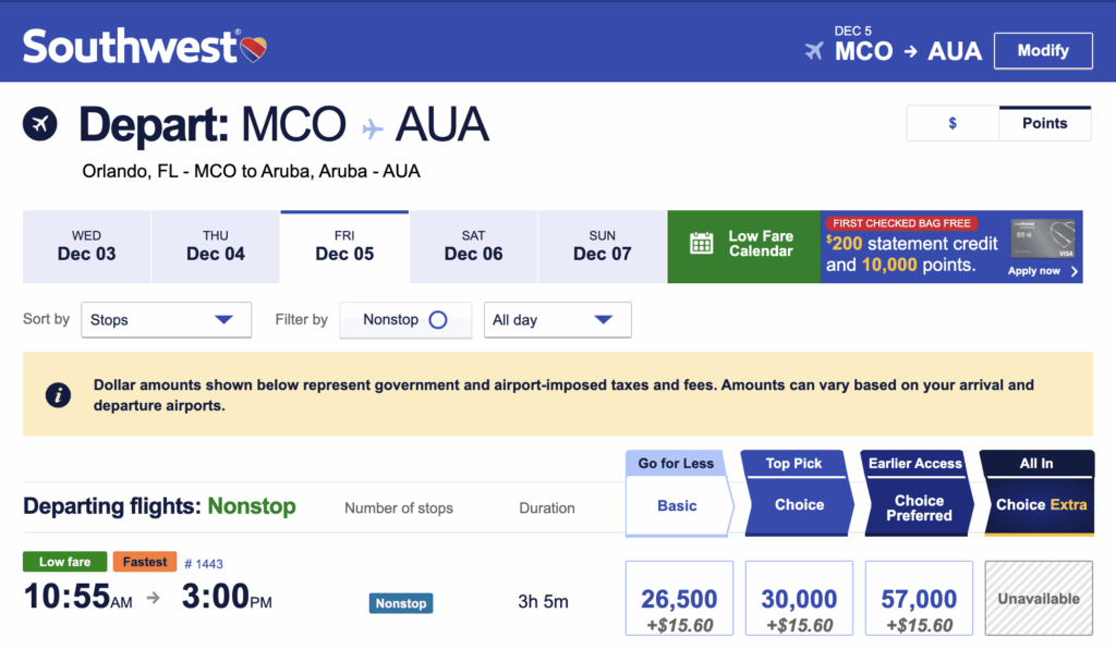 A Southwest Airlines booking page for a nonstop flight from Orlando (MCO) to Aruba (AUA) on Dec 5. Flight departs at 10:55 am and arrives at 3:00 pm. Fare options and prices are listed below the flight times.