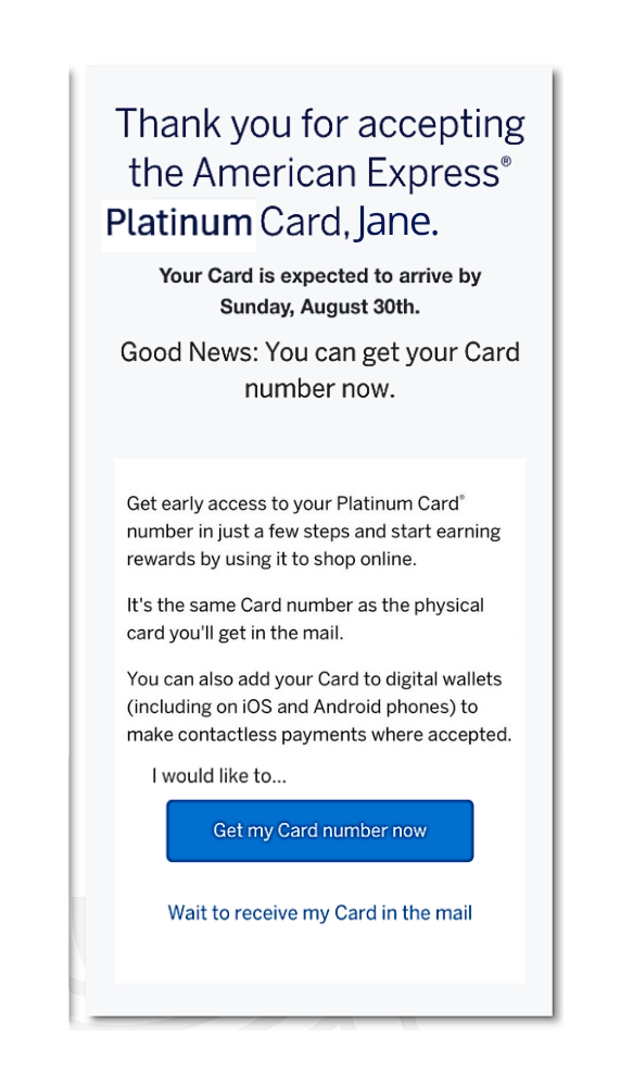A confirmation screen thanks Jane for accepting the American Express Platinum Card via the CardMatch tool, stating her card will arrive by Sunday, August 30th. It offers options to get her card number now or wait for the card in the mail.