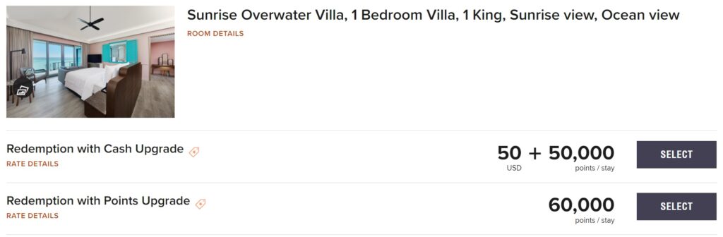 Hotel booking page showing a Sunrise Overwater Villa with ocean view, featuring a spacious bedroom and water view. Redemption options: 50 USD plus 50,000 points, or 60,000 points per stay.