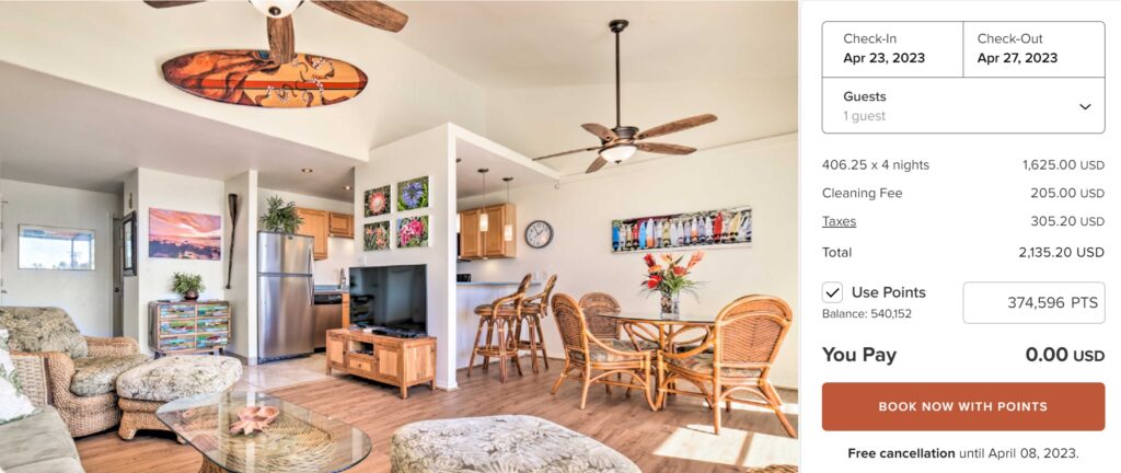 Bright, airy living and dining area with tropical decor, wicker furniture, ceiling fans, surfboard wall art, and a small kitchen. A booking summary for an April 2023 stay appears on the right.