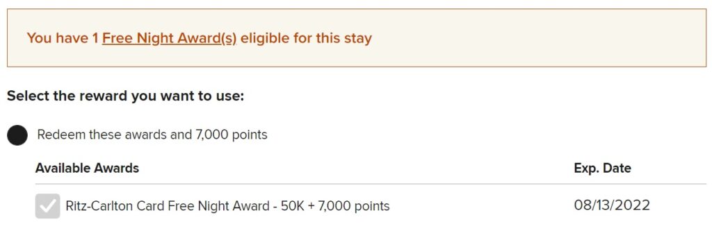 A hotel rewards page shows 1 eligible Free Night Award. A Ritz-Carlton Card Free Night Award worth 50K points plus 7,000 points is selected, with an expiration date of 08/13/2022.