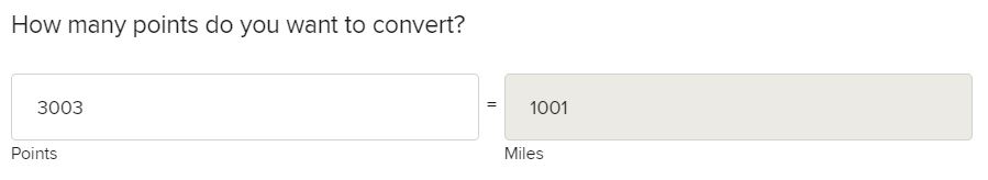 A form showing 3003 points being converted to 1001 miles, with labeled fields for points and miles.
