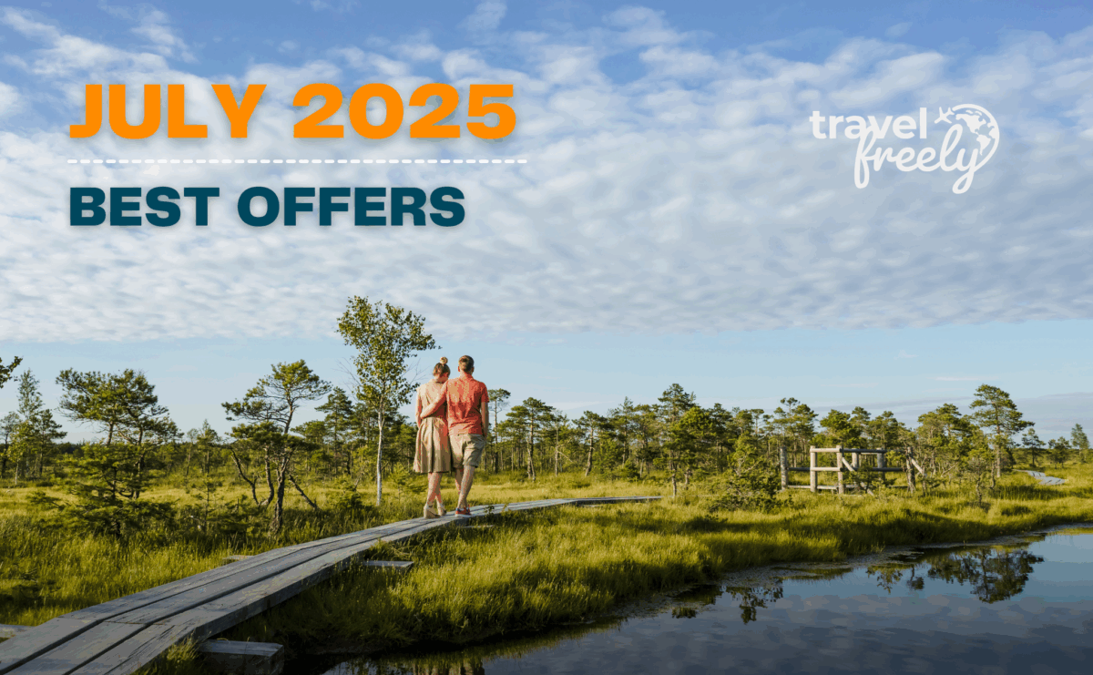A couple walks on a wooden path through a lush, green wetland under a partly cloudy sky. Text reads July 2025 Best Offers—travel freely with the best travel credit card and a globe graphic in the top right corner.