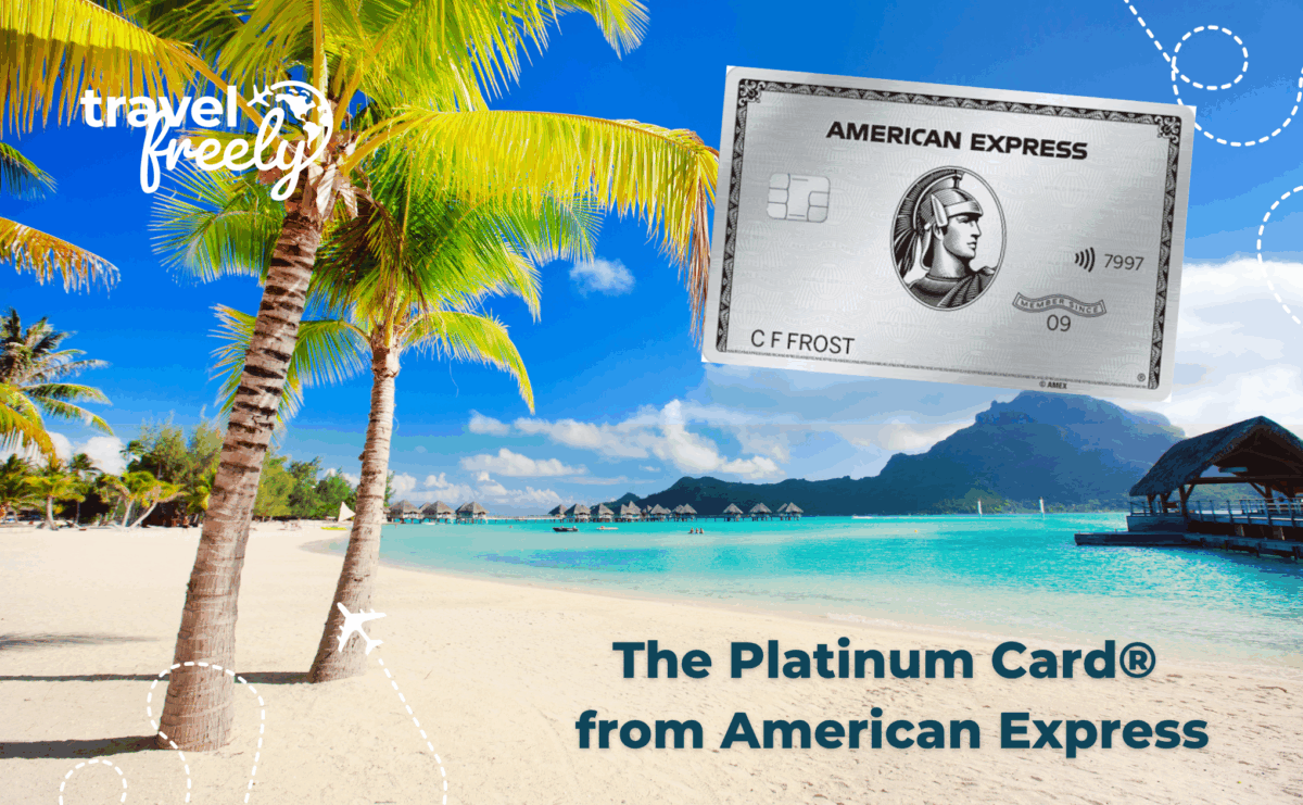 A tropical beach with palm trees, turquoise water, and overwater bungalows. An American Express Platinum Card appears in the sky. Text reads: travel freely and The Platinum Card® from American Express.