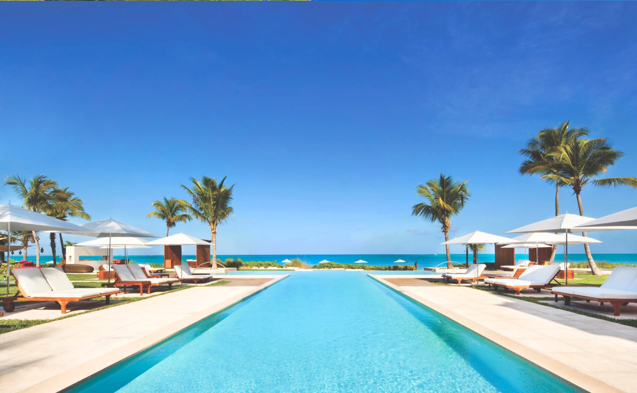 A luxurious pool stretches toward the ocean, flanked by palm trees, white lounge chairs, and umbrellas under a clear blue sky, creating a serene tropical beach resort setting.