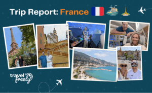 A collage titled Trip Report: France shows photos of a couple at French landmarks, on an airplane, and by the sea, with travel-themed icons and a French flag on a blue background.