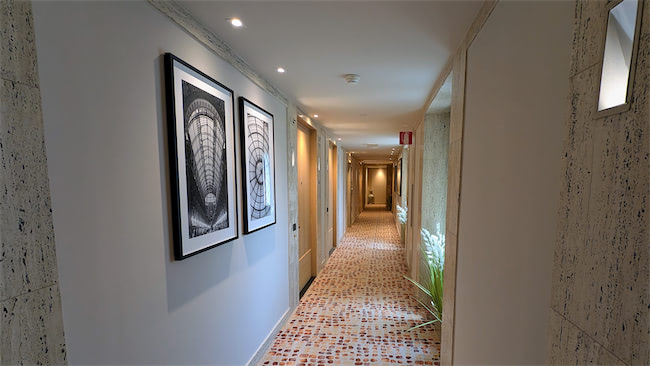A well-lit hallway with patterned carpet, white walls, two framed abstract artworks on the left, and a plant on the right. The corridor extends into the distance with doors on both sides.