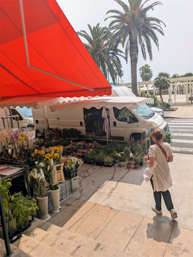 A woman in a white top walks past a flower stall with colorful blooms under a red awning. A white van is parked nearby, with palm trees and a crosswalk visible in the background on a sunny day.