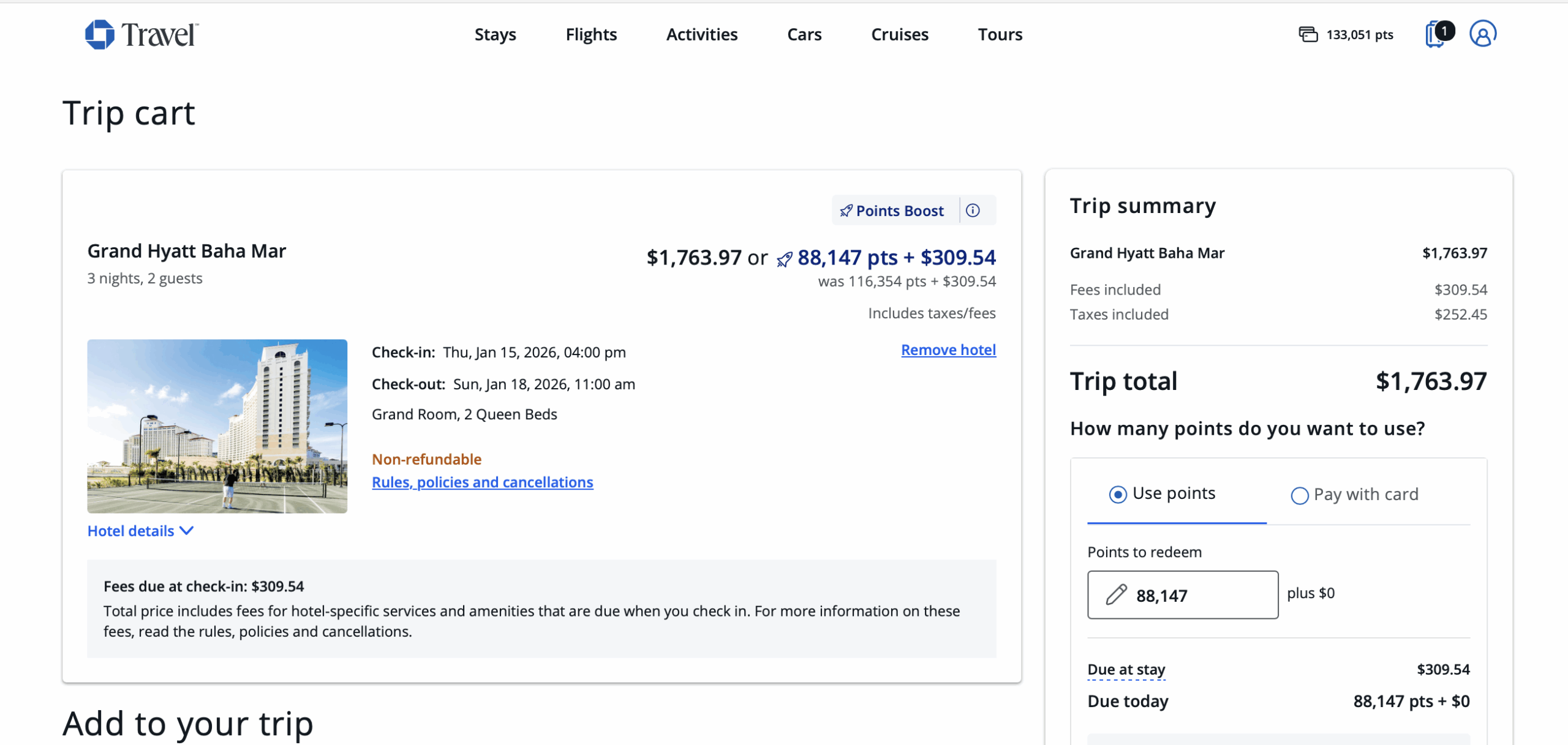 Screenshot of a travel booking website showing a trip cart for Grand Hyatt Baha Mar. The total cost is $1,763.97 or 88,147 points plus $309.54. Details include check-in/check-out dates, a hotel image, and payment options.