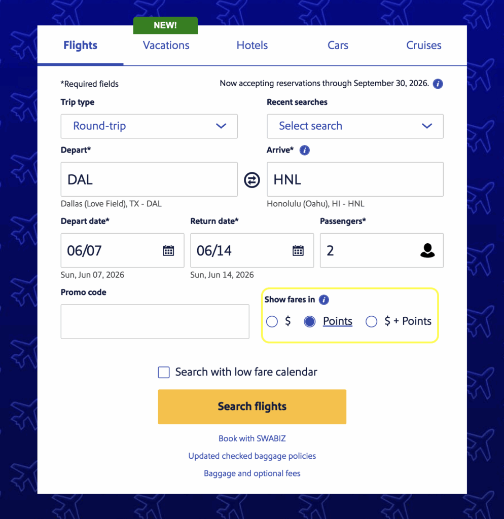 Screenshot of a flight booking form showing fields for trip type, departure (DAL), arrival (HNL), travel dates, number of travelers, promo code, search options, and buttons to show fares in dollars or points.
