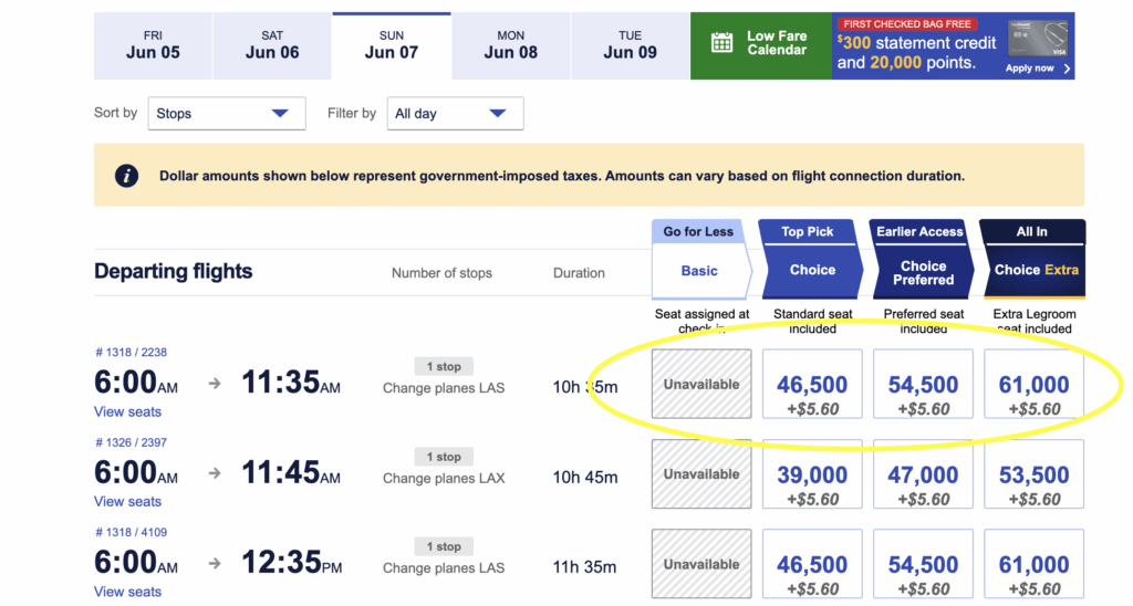 Screenshot of a flight booking website showing departing flight options and reward pricing in miles for different seat types, with some options marked as Unavailable and others displaying mile values.